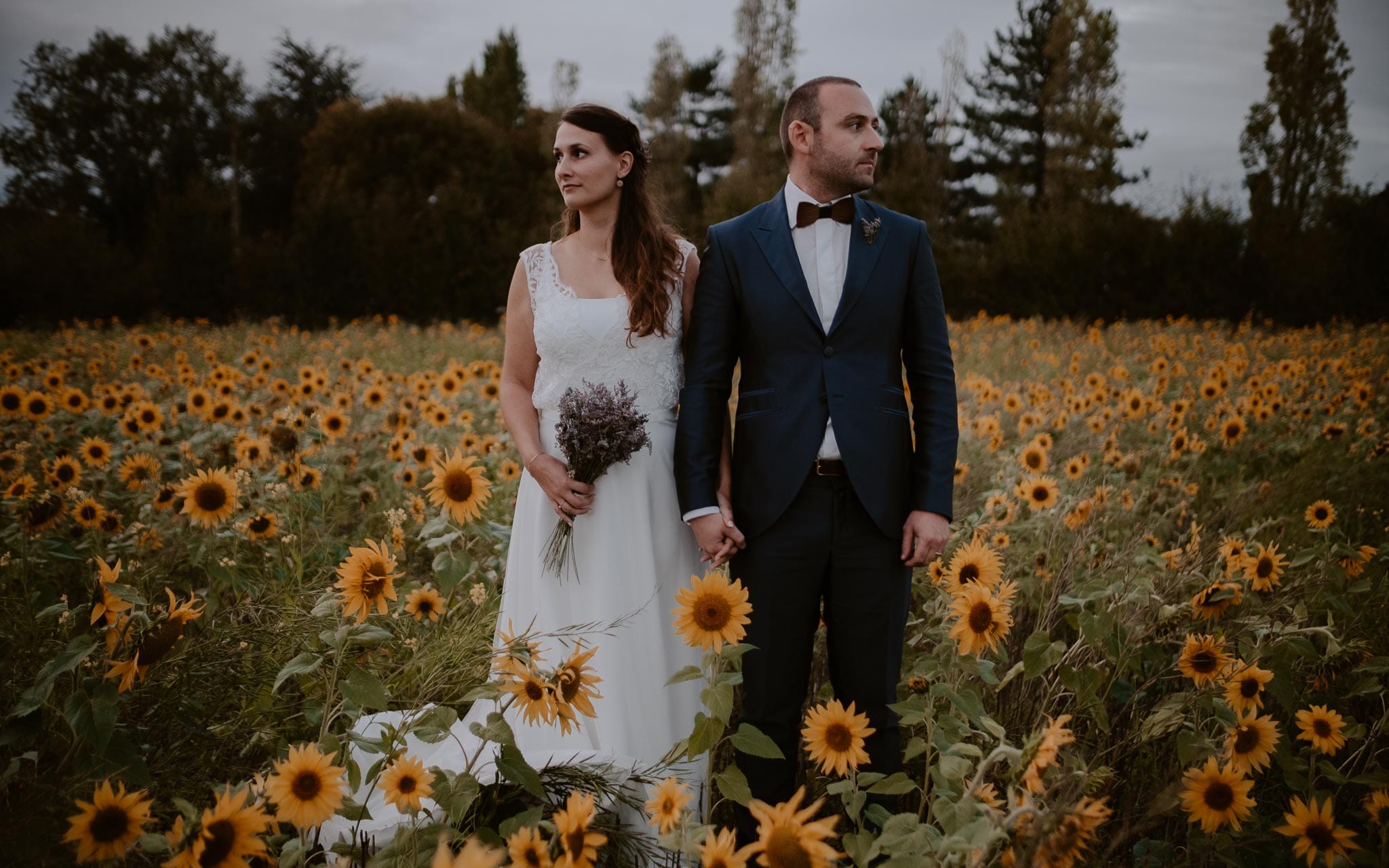 Séance couple après mariage naturelle et romantique dans un champ de tournesols en vendée par Geoffrey Arnoldy photographe