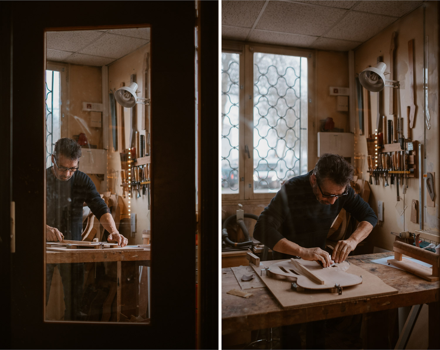 photographies d’un luthier guitare artisan d'art & créateur dans son atelier sur l'ïle de Nantes