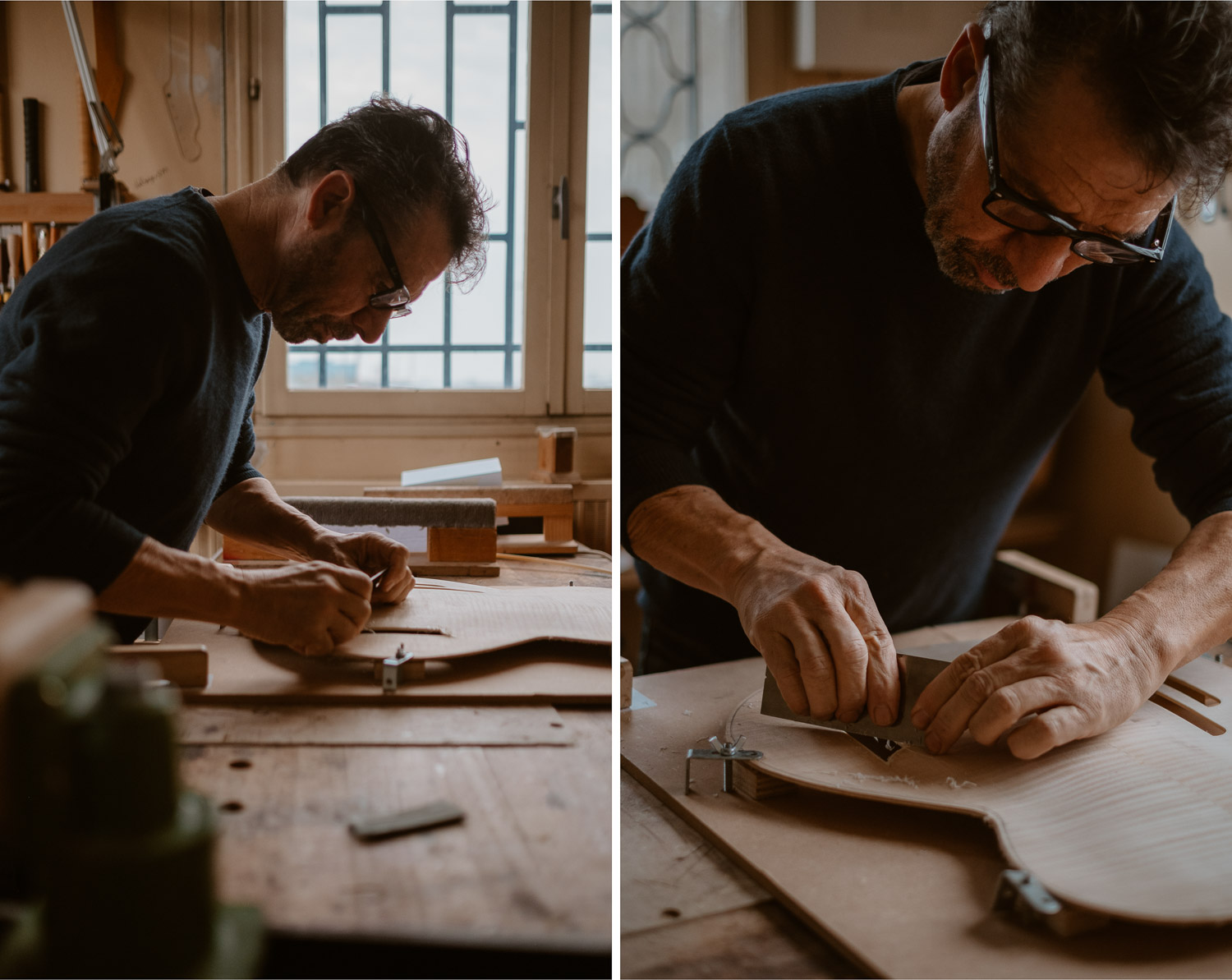 photographies d’un luthier guitare artisan d'art & créateur dans son atelier sur l'ïle de Nantes