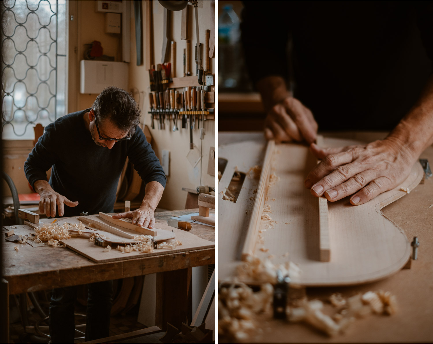 photographies d’un luthier guitare artisan d'art & créateur dans son atelier sur l'ïle de Nantes