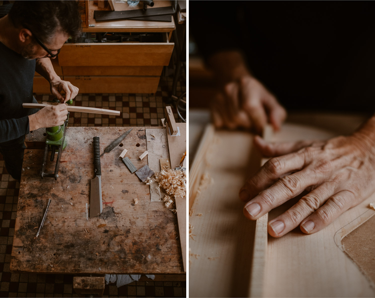 photographies d’un luthier guitare artisan d'art & créateur dans son atelier sur l'ïle de Nantes