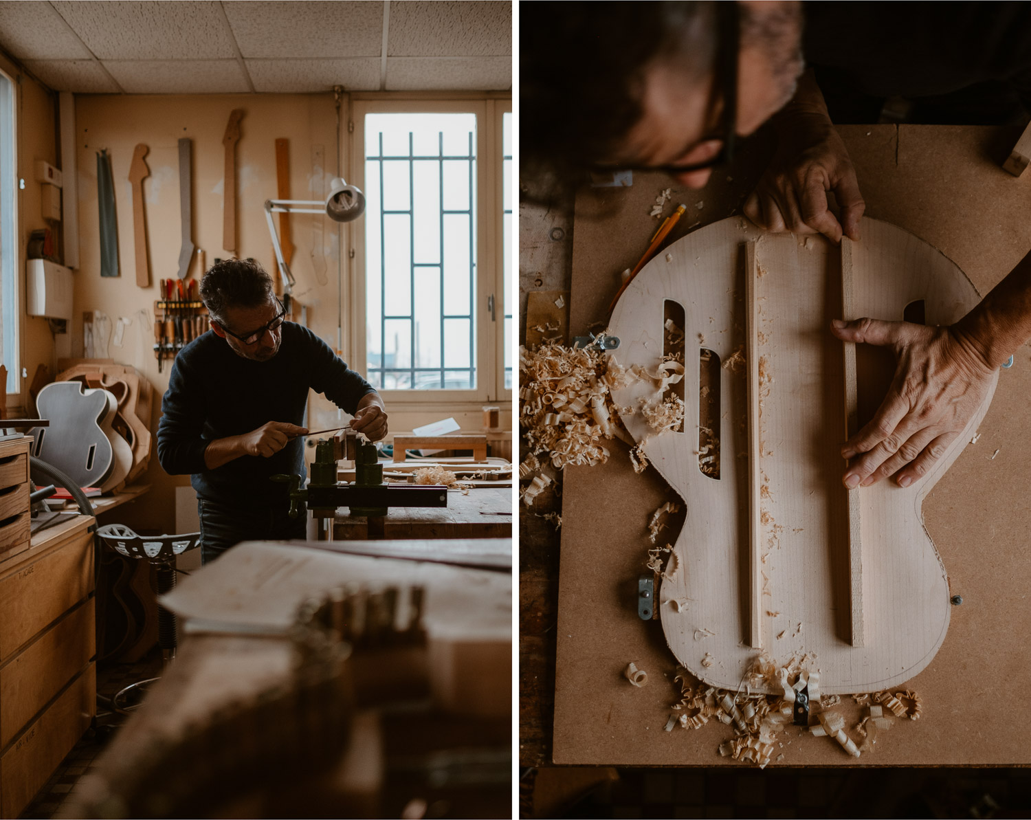 photographies d’un luthier guitare artisan d'art & créateur dans son atelier sur l'ïle de Nantes