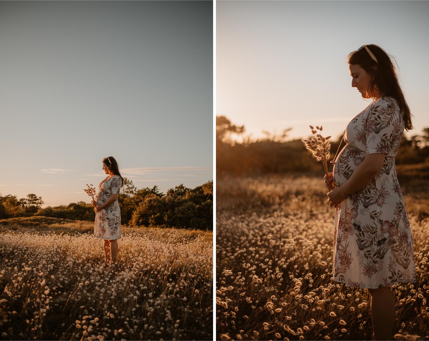 Séance photo en attendant bébé, ventre rond de futurs parents en extérieur, à l’ambiance romantique, au coucher de soleil sur la plage de Bretignolles-sur-mer en Vendée par Geoffrey Arnoldy photographe