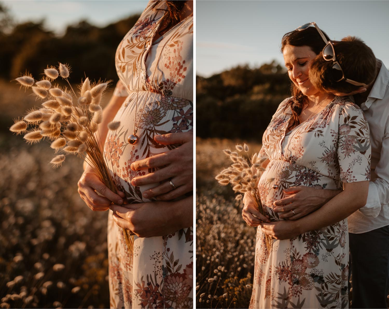 Séance photo en attendant bébé, ventre rond de futurs parents en extérieur, à l’ambiance romantique, au coucher de soleil sur la plage de Bretignolles-sur-mer en Vendée par Geoffrey Arnoldy photographe