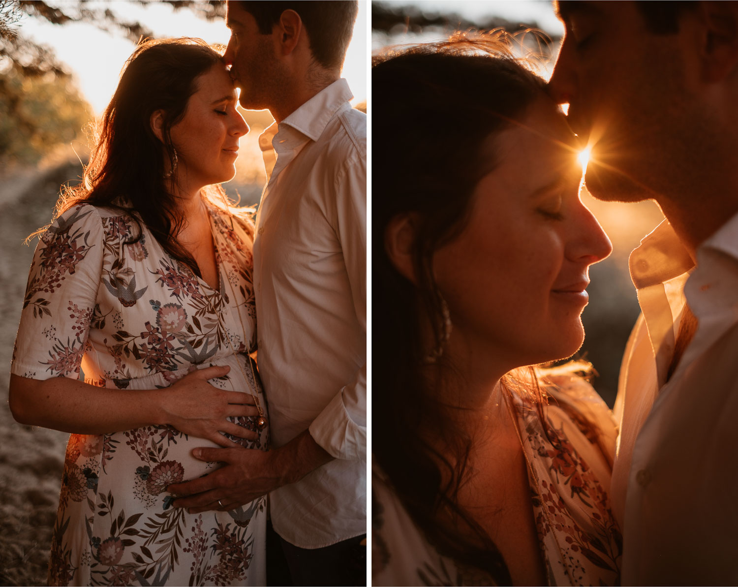 Séance photo en attendant bébé, ventre rond de futurs parents en extérieur, à l’ambiance romantique, au coucher de soleil sur la plage de Bretignolles-sur-mer en Vendée par Geoffrey Arnoldy photographe