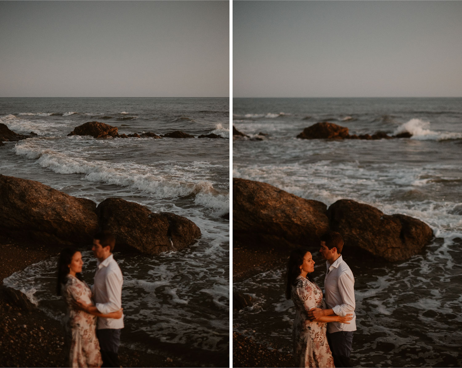 Séance photo en attendant bébé, ventre rond de futurs parents en extérieur, à l’ambiance romantique, au coucher de soleil sur la plage de Bretignolles-sur-mer en Vendée par Geoffrey Arnoldy photographe