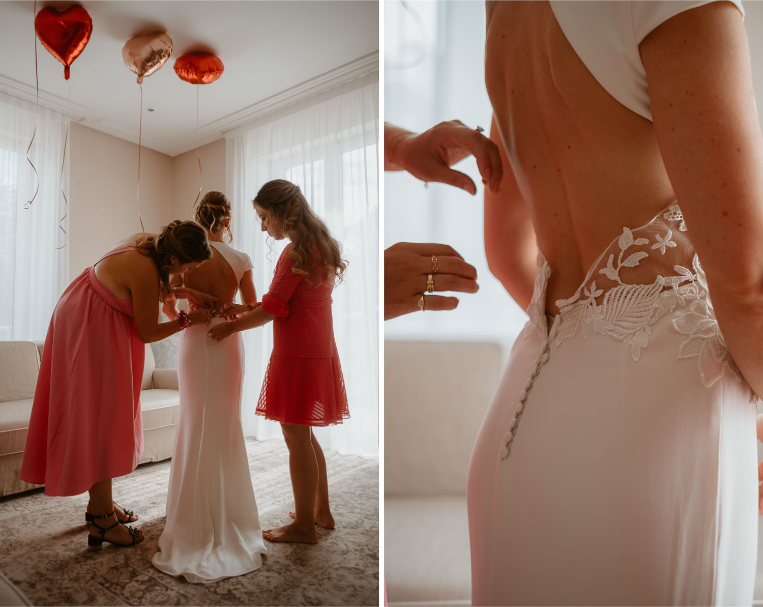 Habillage robe lors des préparatifs de mariage à l’hôtel royal de la Baule
