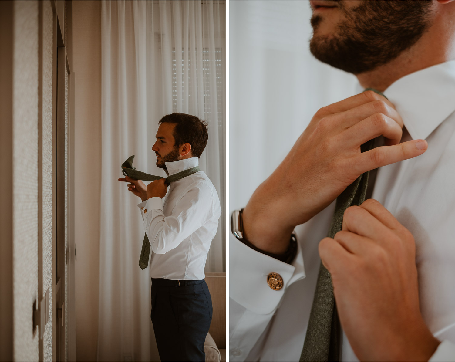 Habillage homme lors des préparatifs de mariage à l’hôtel royal de la Baule