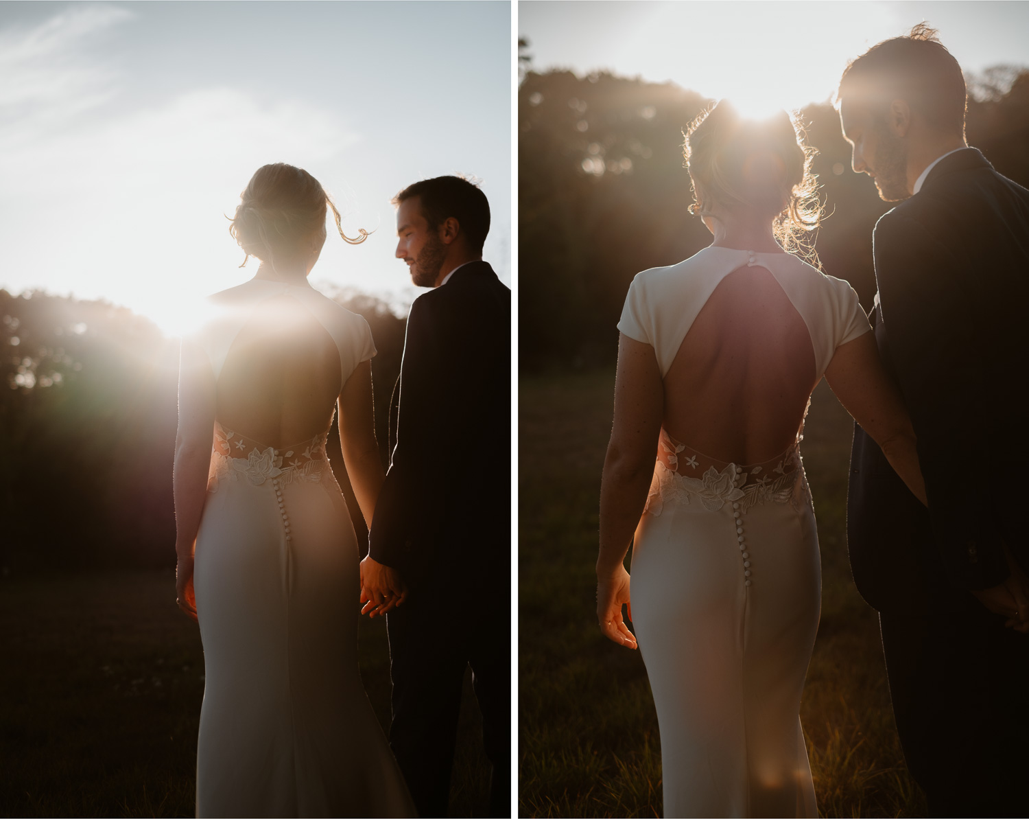 Photo de couple le jour d'un mariage au Sunset à la golden hour à la Turballe