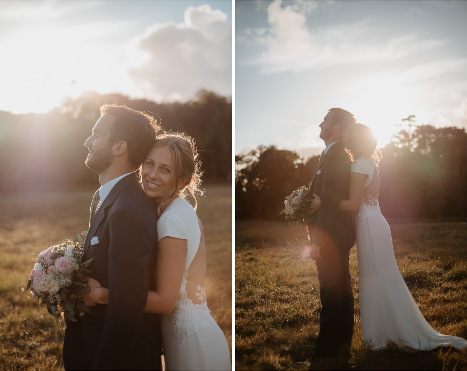 Photo de couple le jour d'un mariage au Sunset à la golden hour à la Turballe