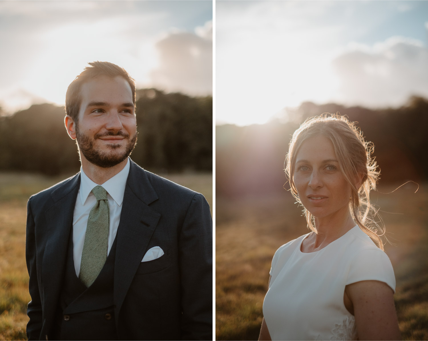 Photo de couple le jour d'un mariage au Sunset à la golden hour à la Turballe