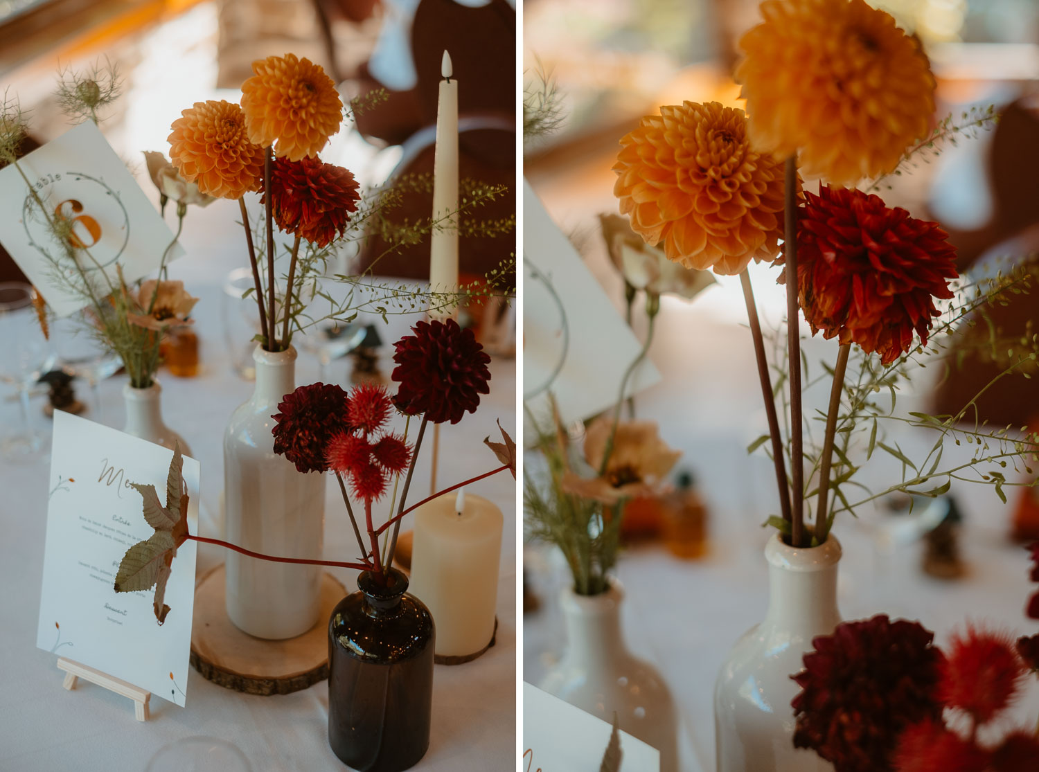 Décoration florale par les Nanas d’une salle de mariage en pierre apparente