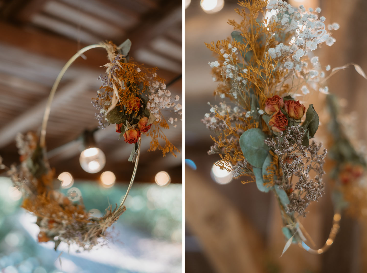 Décoration florale par les Nanas d’une salle de mariage en pierre apparente