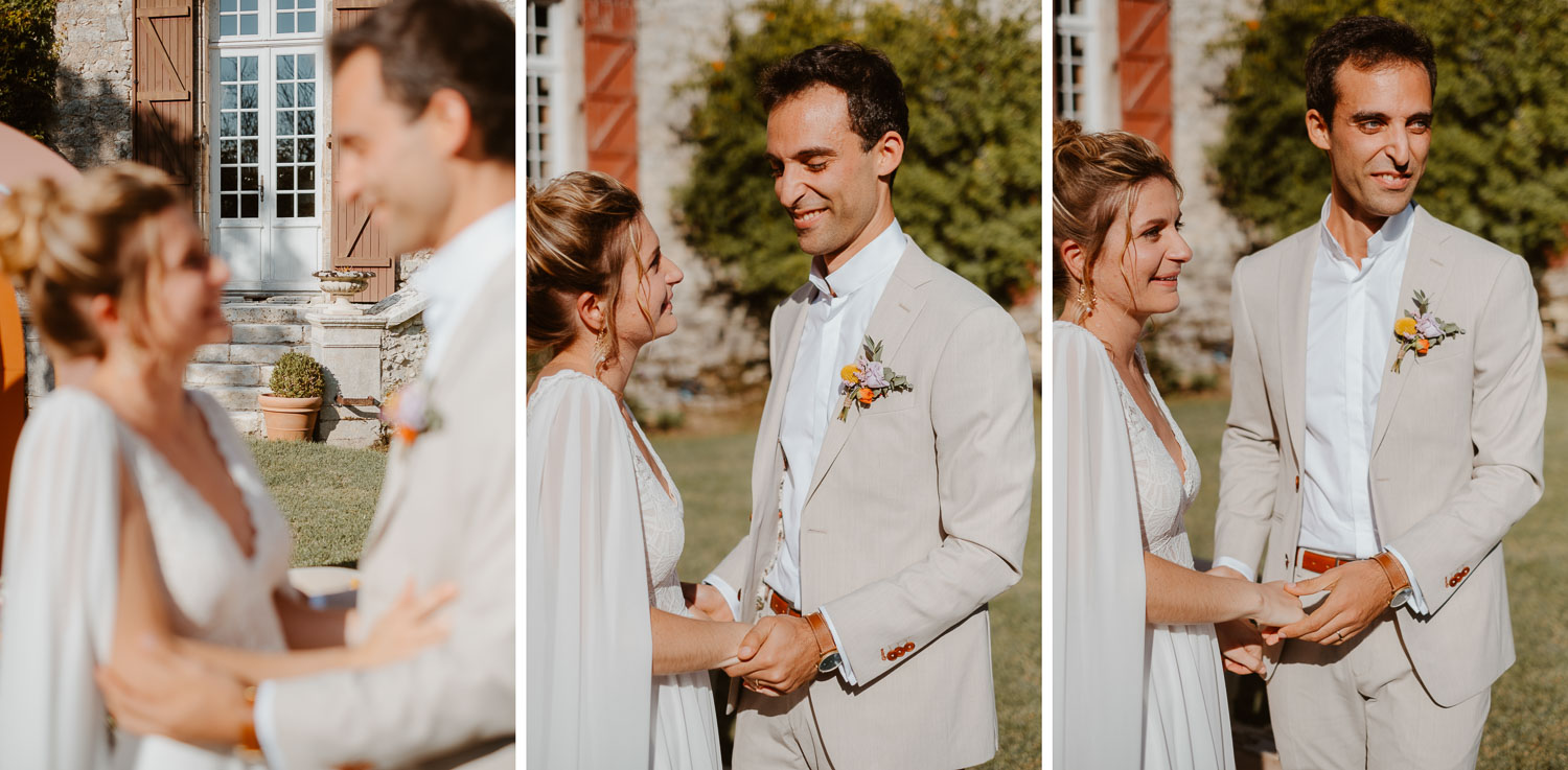 Reportage photo lifestyle de la cérémonie laïque d’un mariage au Château de Théon en Charente Maritime