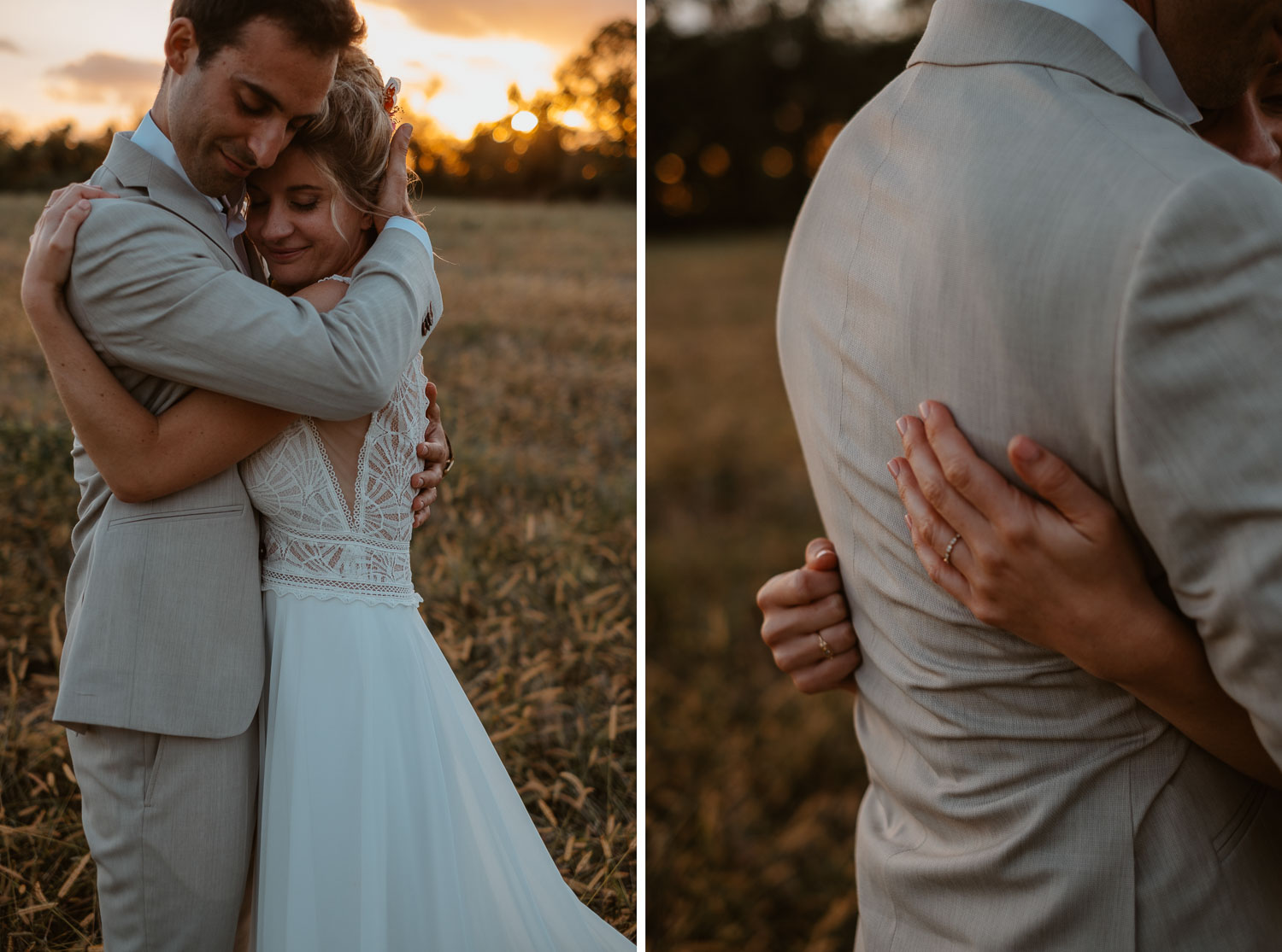 Photo de couple de jeunes mariés lors d’un coucher de soleil en septembre