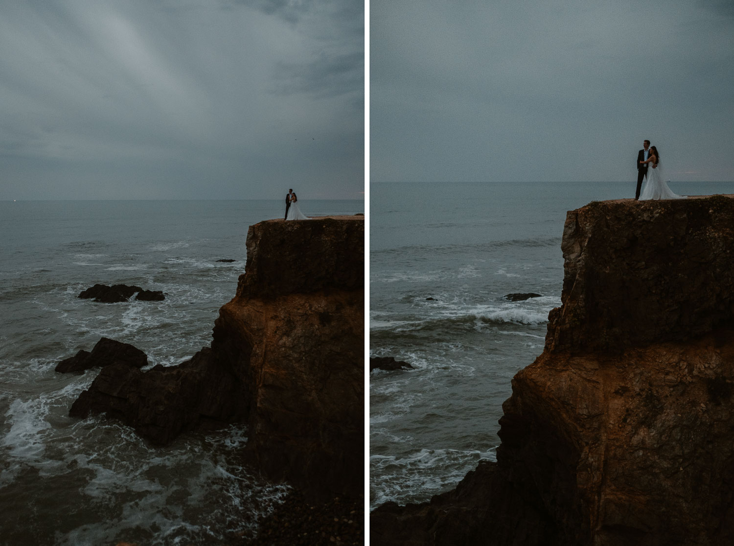 Photographie spectaculaire d’un couple de mariés à la tombée du jour