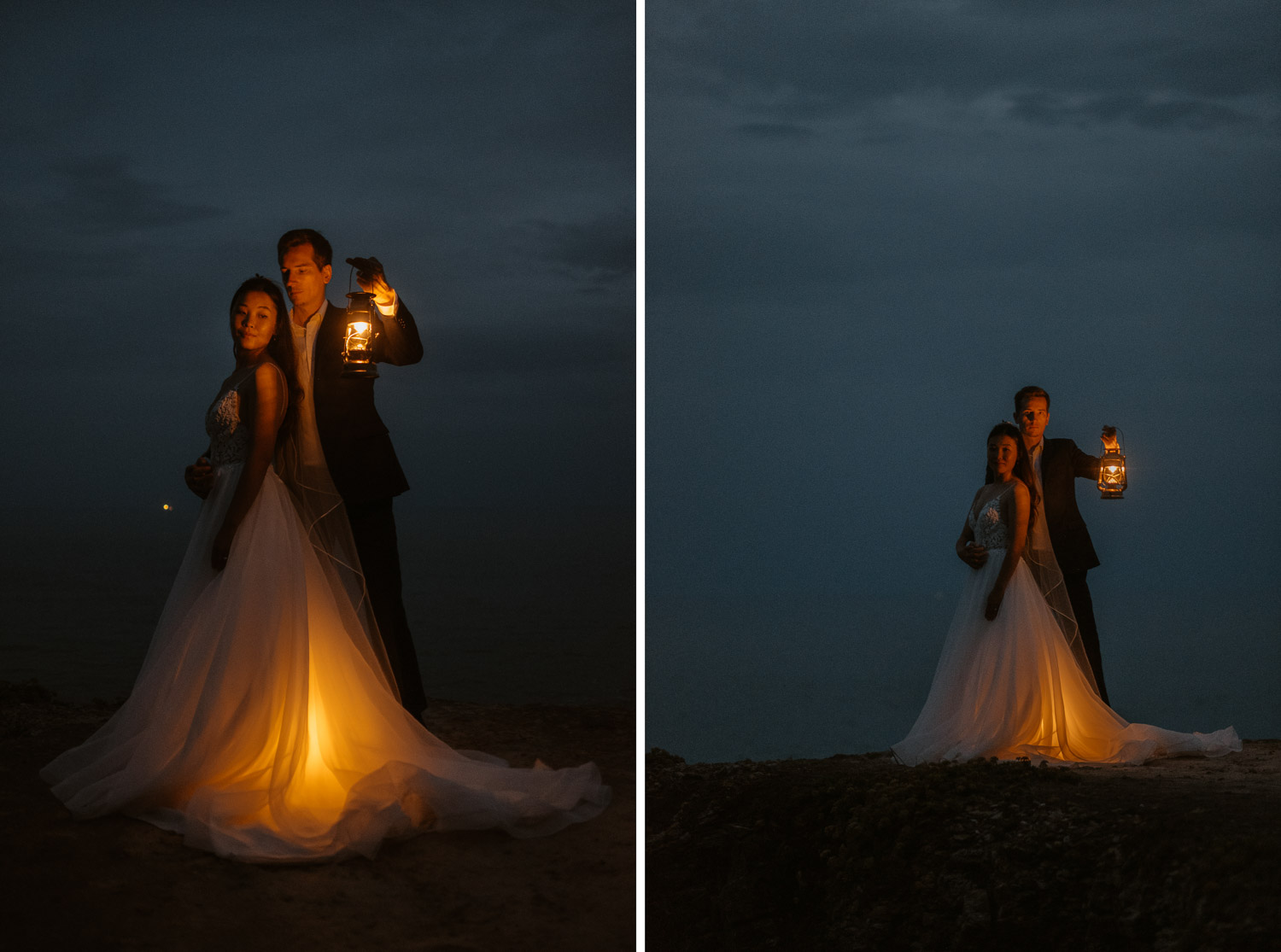 Photographie nocturne poétique d’un couple de mariés à la tombée du jour
