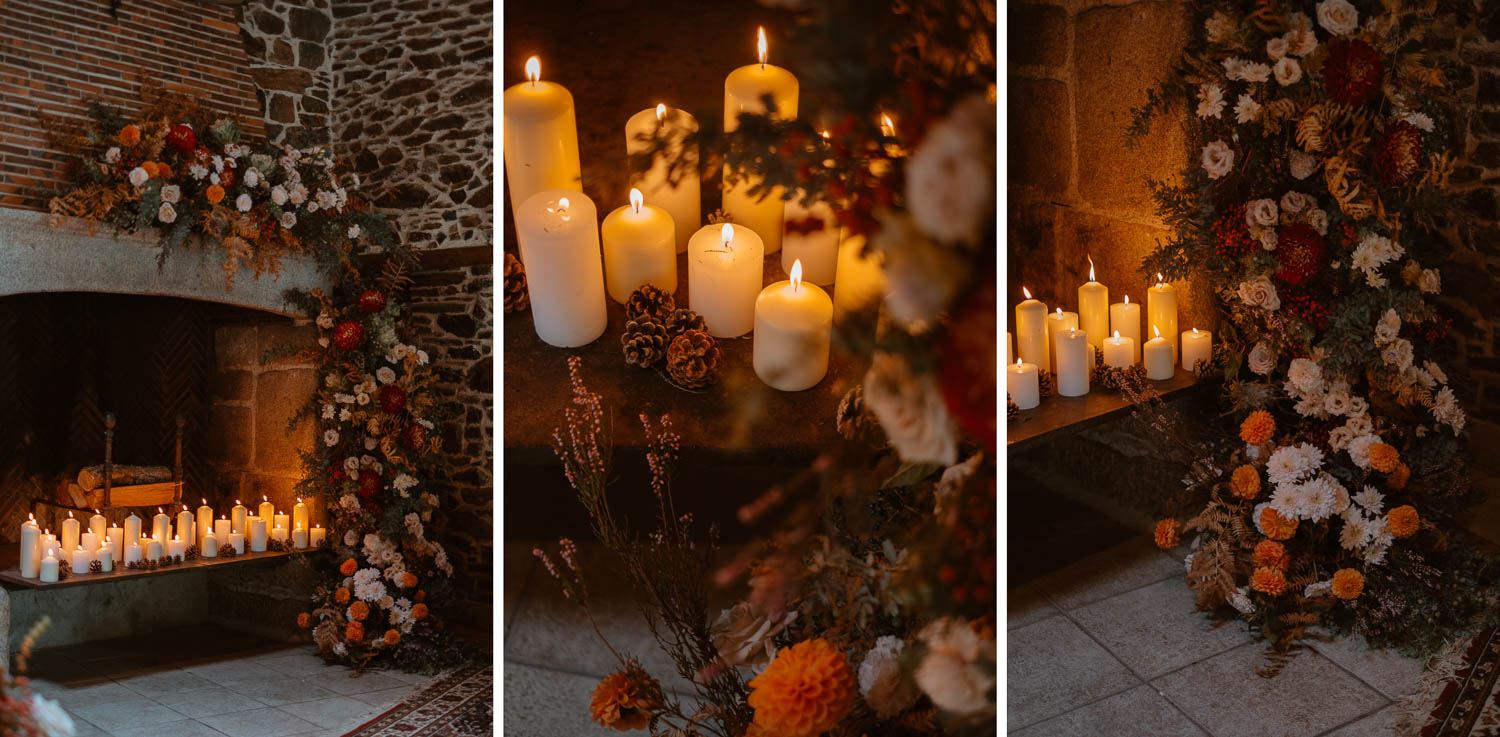 Décoration de cérémonie laïque en automne en intérieur et à la lumière des bougies