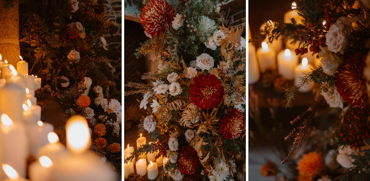 Décoration de cérémonie laïque en automne en intérieur et à la lumière des bougies