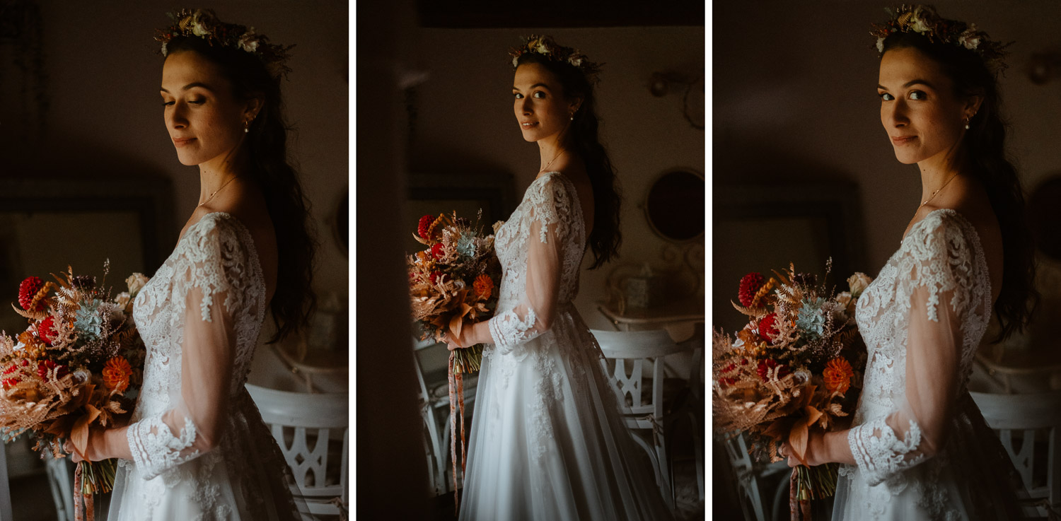 Portrait de la future mariée à la fin de l'habillage