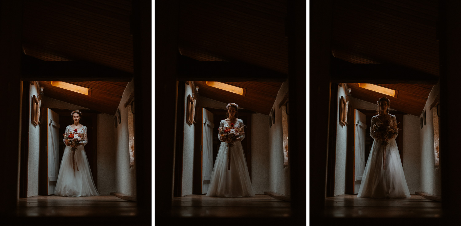 Portrait de la future mariée à la fin de l'habillage
