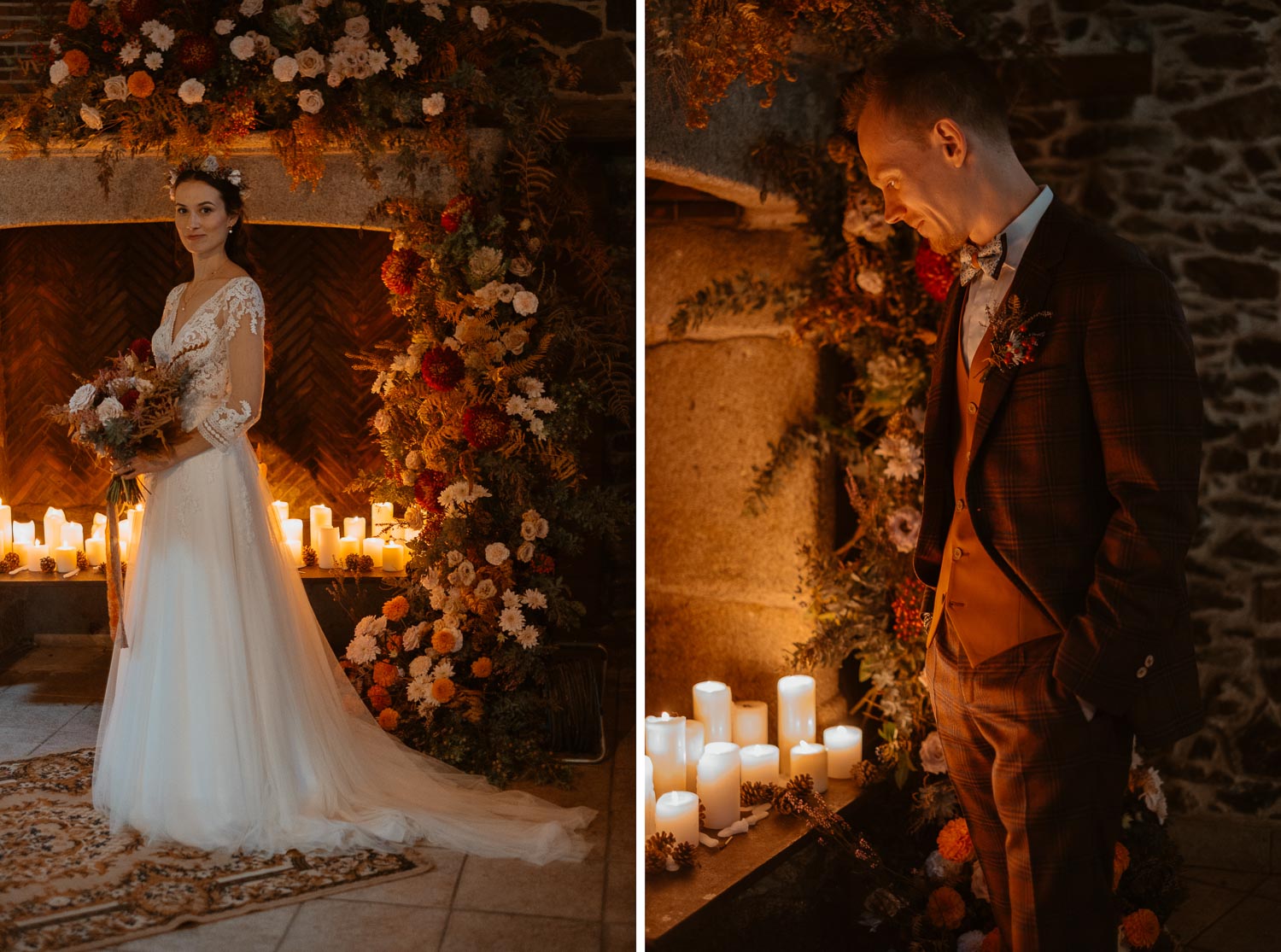Photographies d’un couple de jeunes mariés en intérieur au coin du feu et des bougies