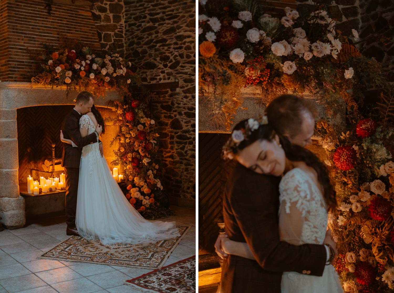 Photographies d’un couple de jeunes mariés en intérieur au coin du feu et des bougies