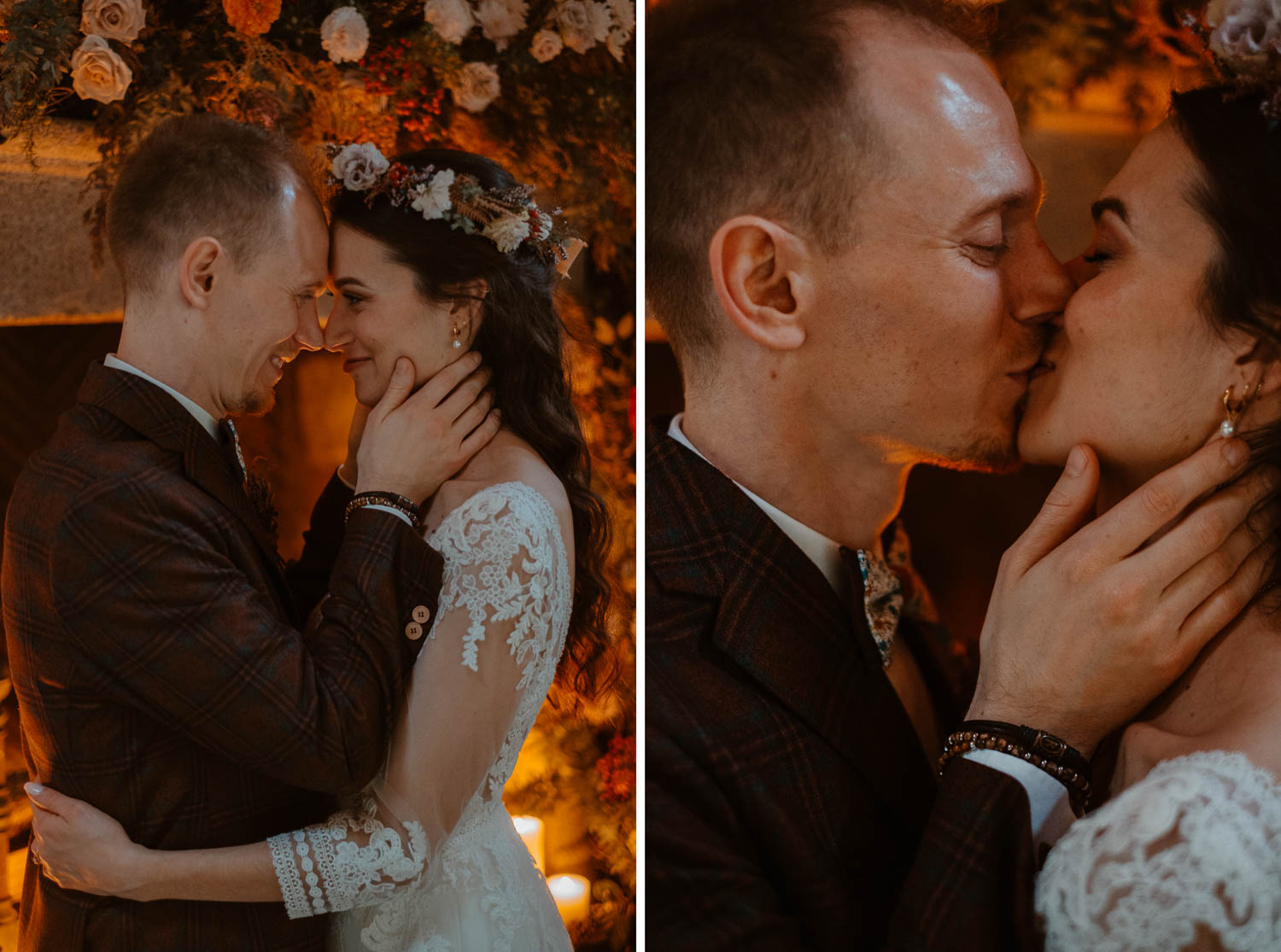 Photographies magiques et chaleureuses d’un couple de jeunes mariés en intérieur en automne
