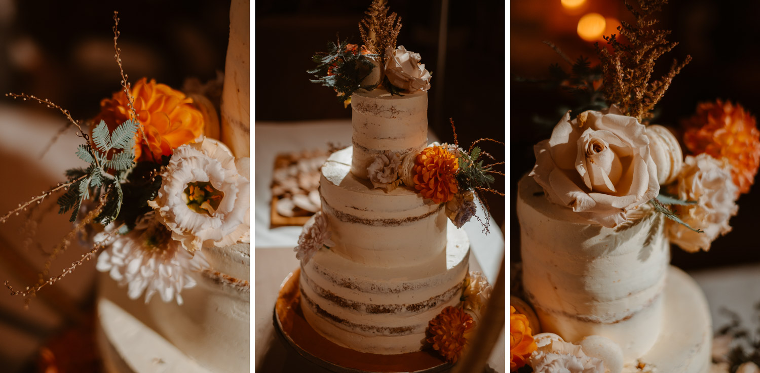 Photographie d’une magnifique pièce montée sur un mariage d’automne