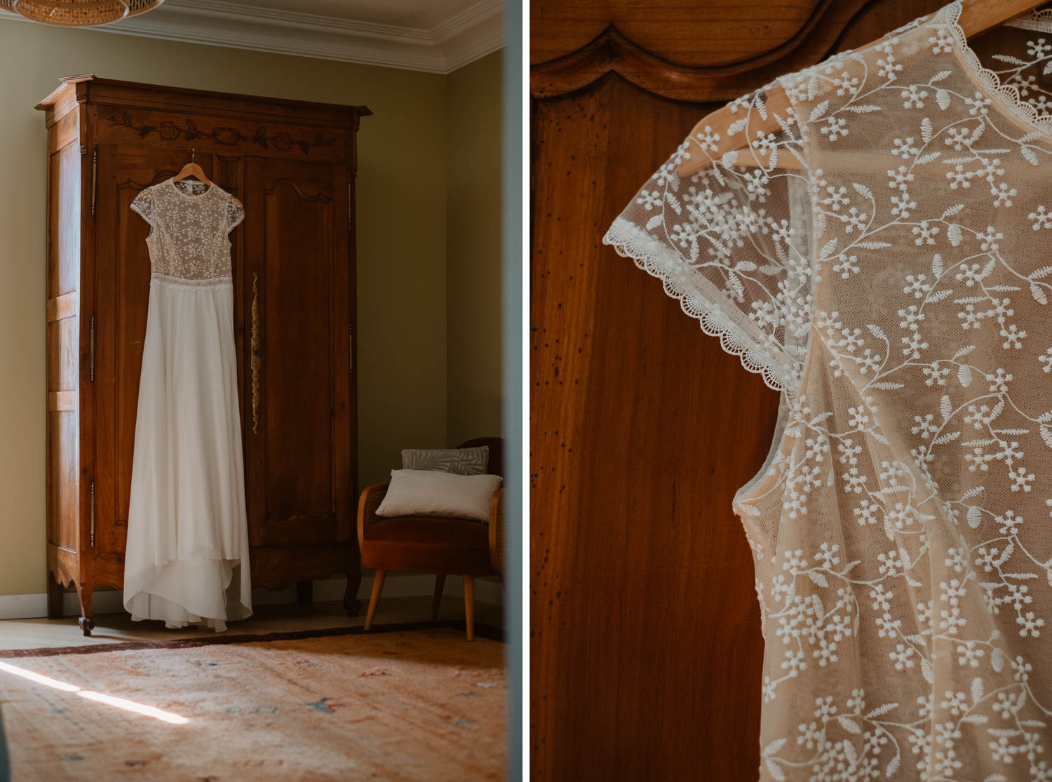 reportage photo préparatifs robe mariée Nantes — Domaine de la Mazure Chapelle Basse Mer