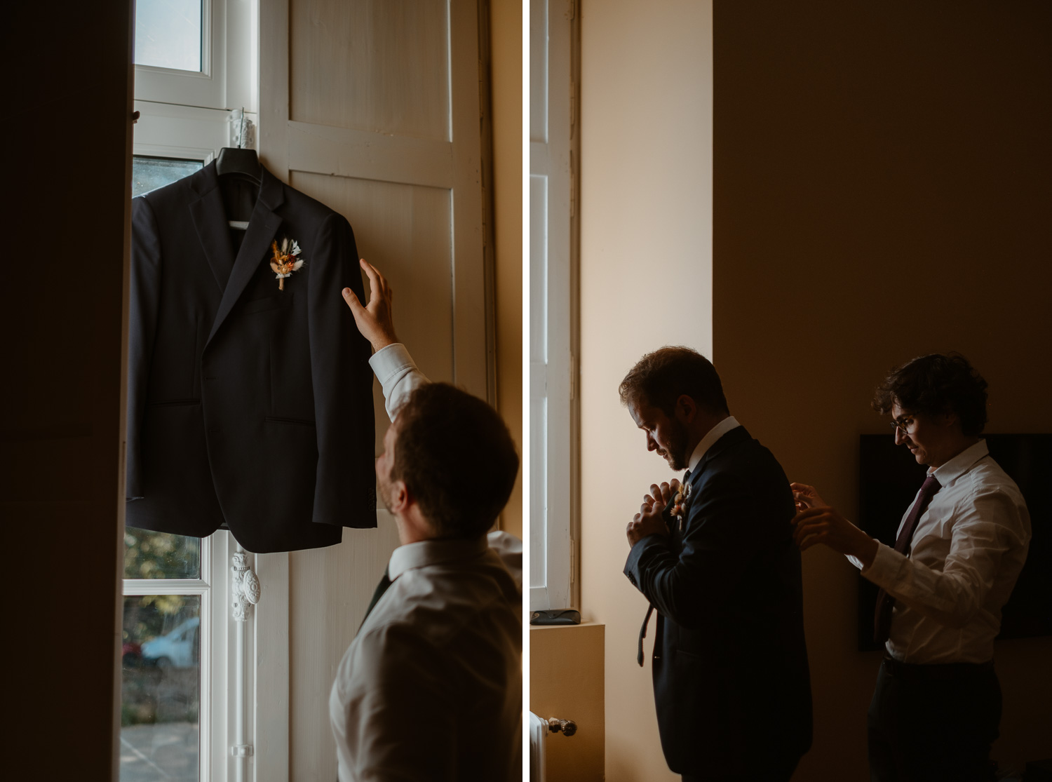 reportage photo préparatifs costume marié Nantes — Domaine de la Mazure Chapelle Basse Mer