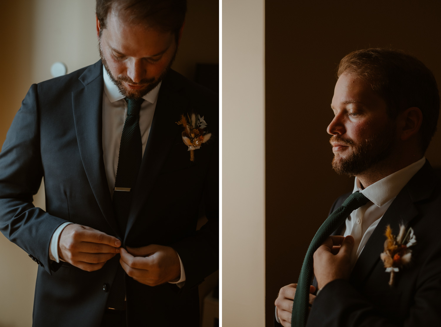 reportage photo préparatifs costume marié Nantes — Domaine de la Mazure Chapelle Basse Mer