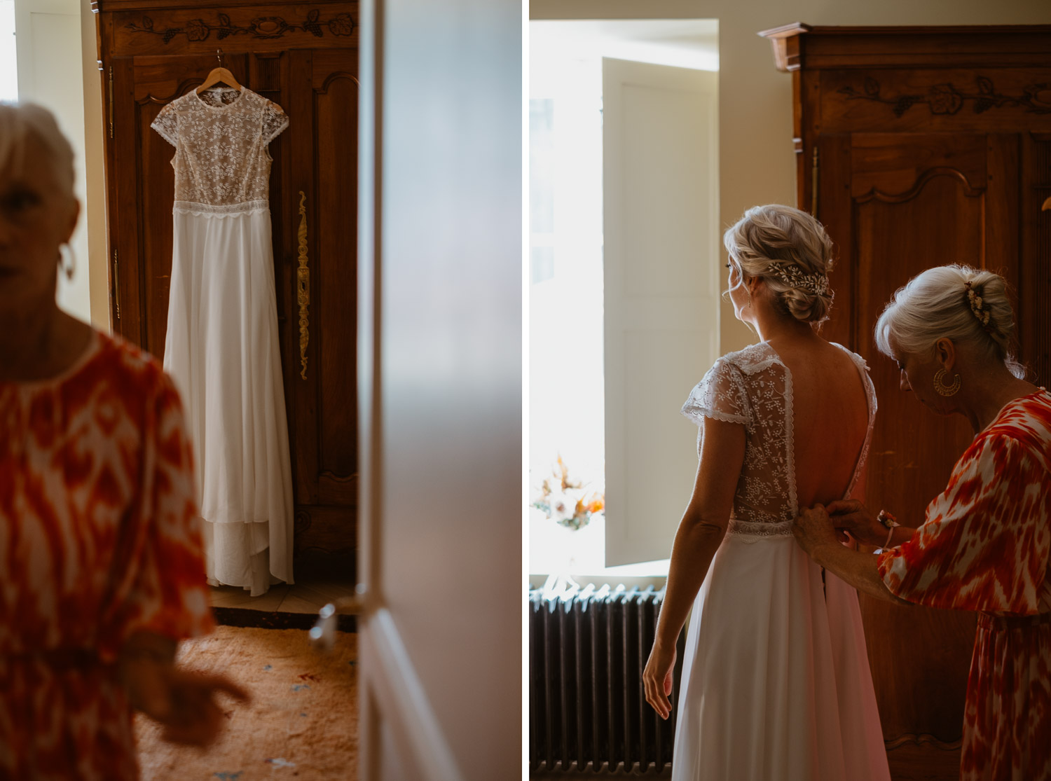 reportage photo préparatifs robe mariée Nantes — Domaine de la Mazure Chapelle Basse Mer