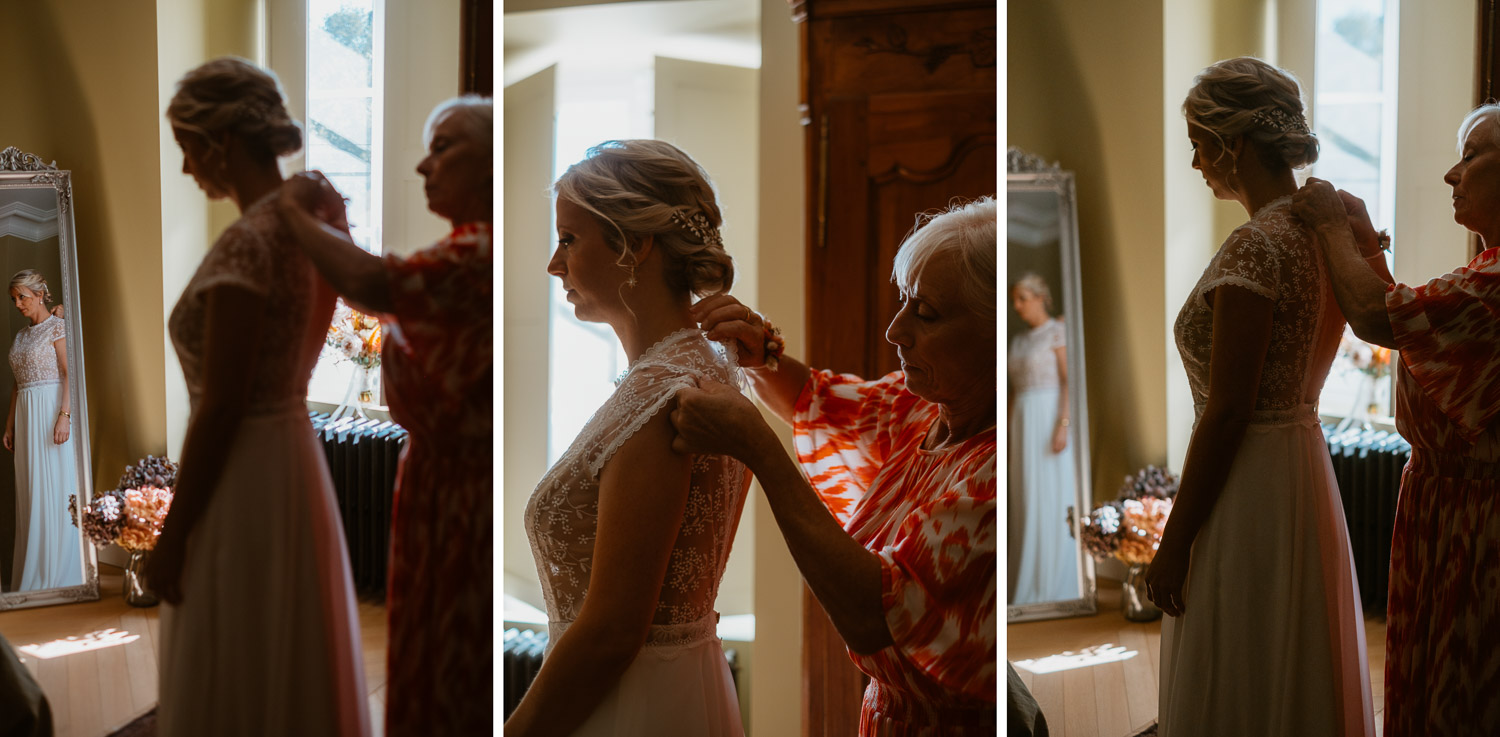 reportage photo préparatifs robe mariée Nantes — Domaine de la Mazure Chapelle Basse Mer