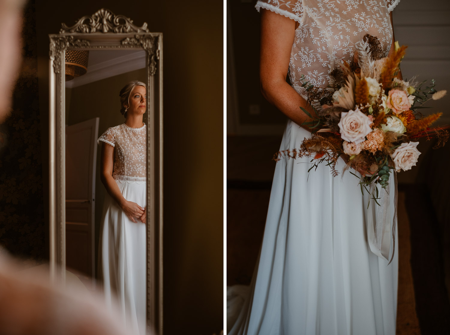 reportage photo préparatifs robe mariée Nantes — Domaine de la Mazure Chapelle Basse Mer