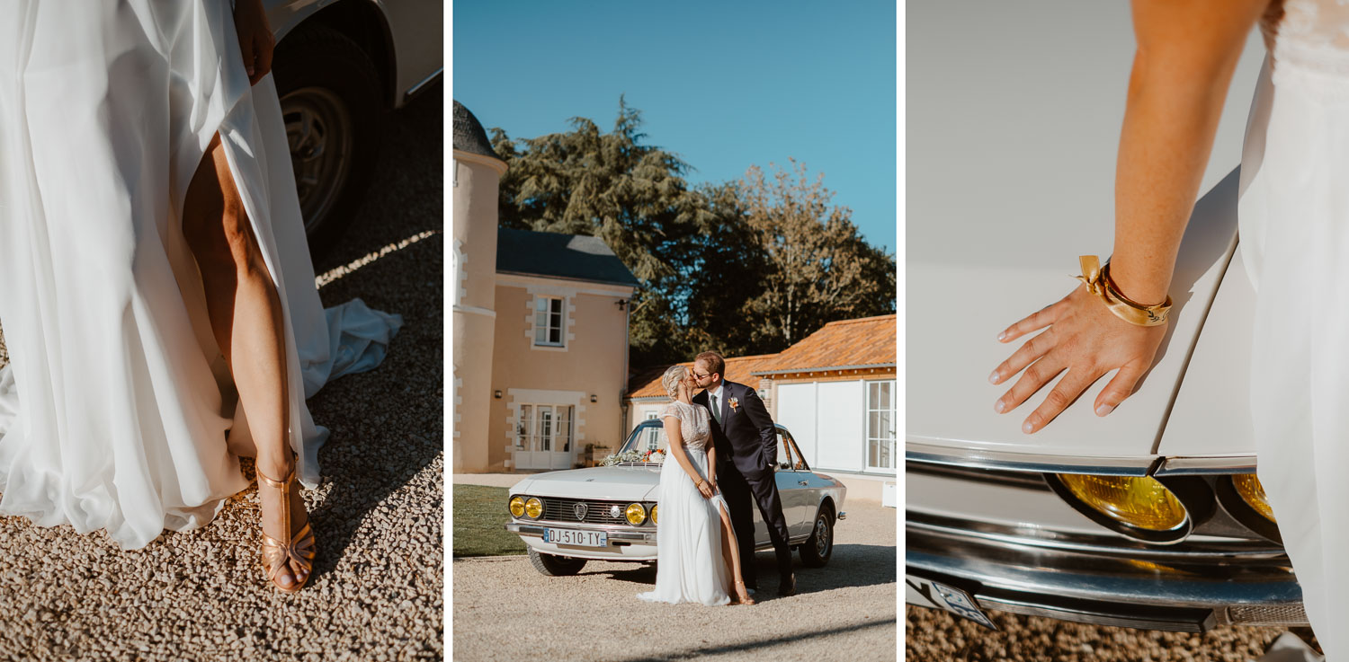 photo couple jeunes mariés voiture collection ancienne — Domaine de la Mazure Chapelle Basse Mer