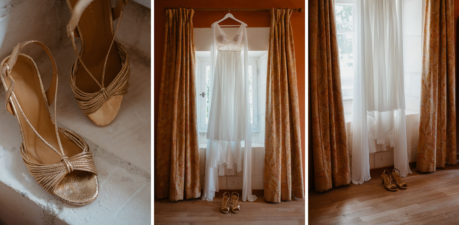 reportage photo préparatifs robe mariée — Château de Théon à Cozes