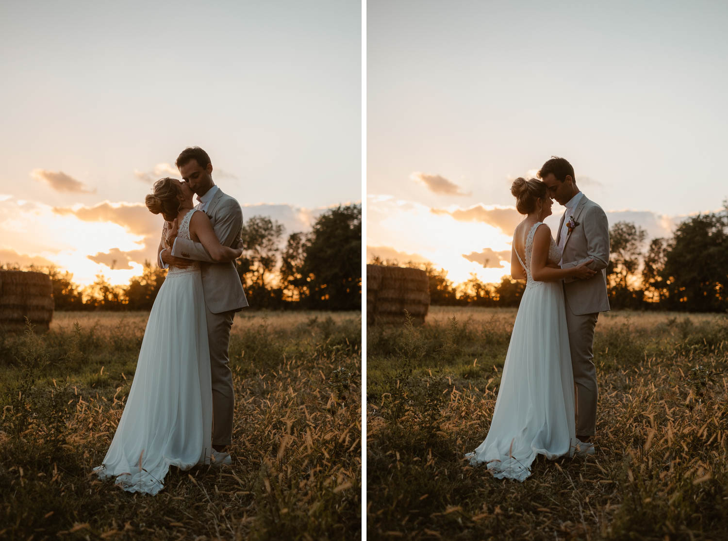 photo couple jeunes mariés lumière naturelle golden hour— Château de Théon à Cozes