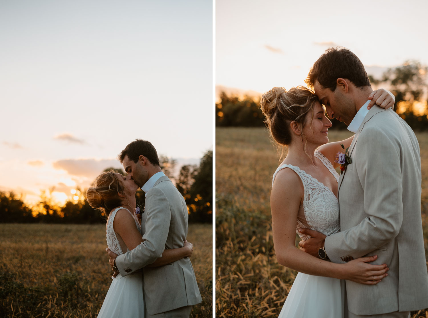 photo couple jeunes mariés lumière naturelle golden hour— Château de Théon à Cozes