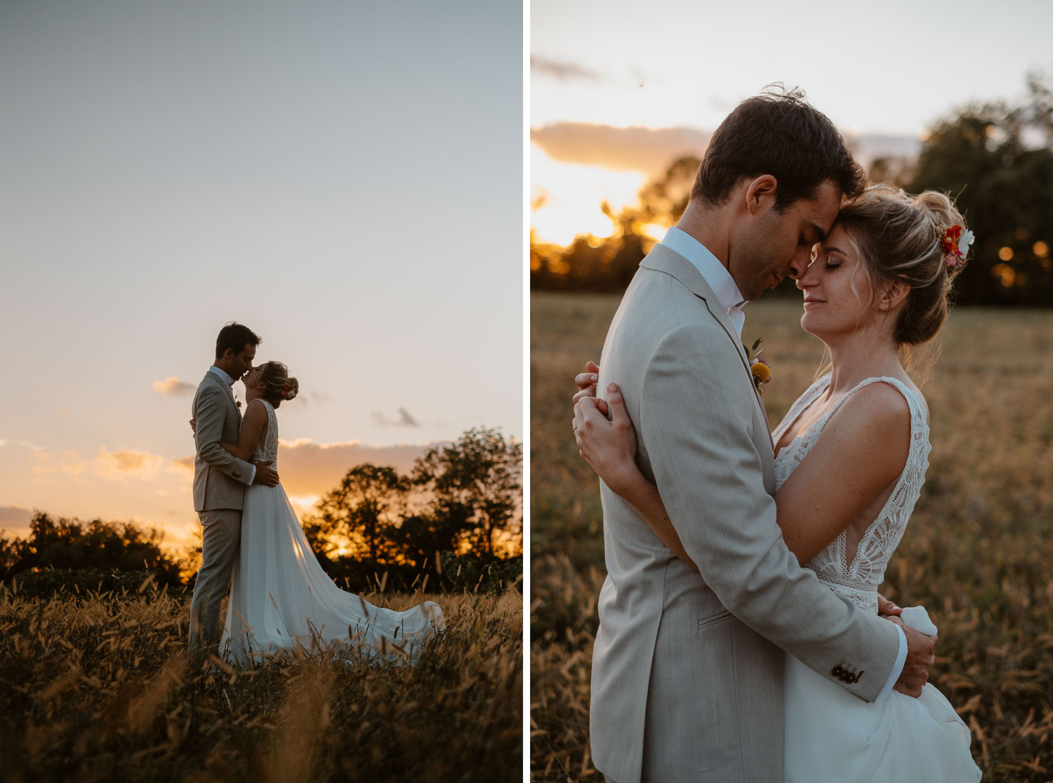 photo couple jeunes mariés lumière naturelle golden hour— Château de Théon à Cozes
