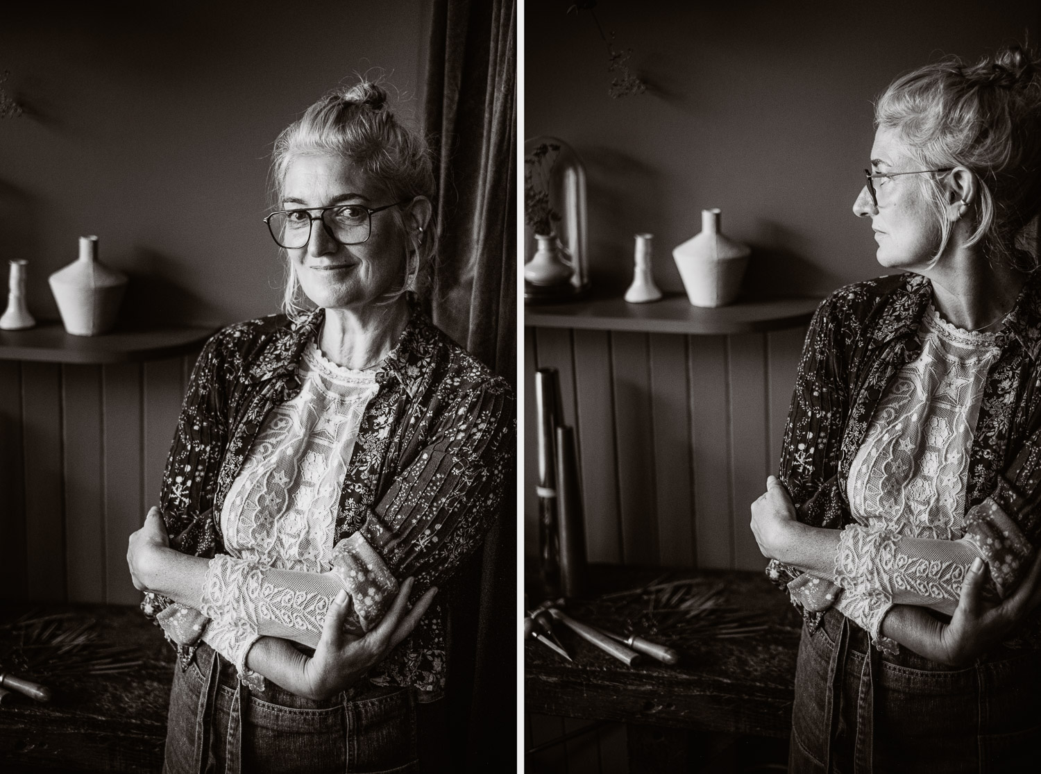 Séance N&B photo portrait artisan créateur boutique atelier Helene Turbé Joaillère Bijoux à Nantes