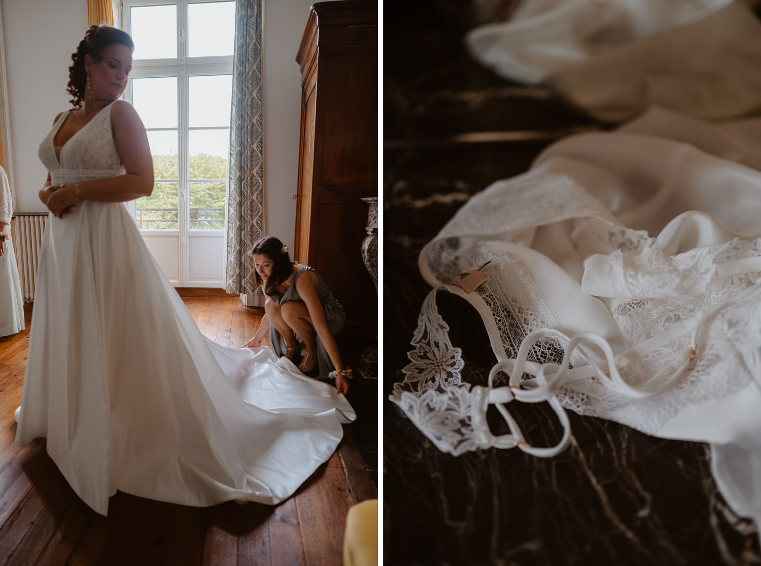 reportage photo préparatifs robe mariée — Château de la Forêt au Cellier