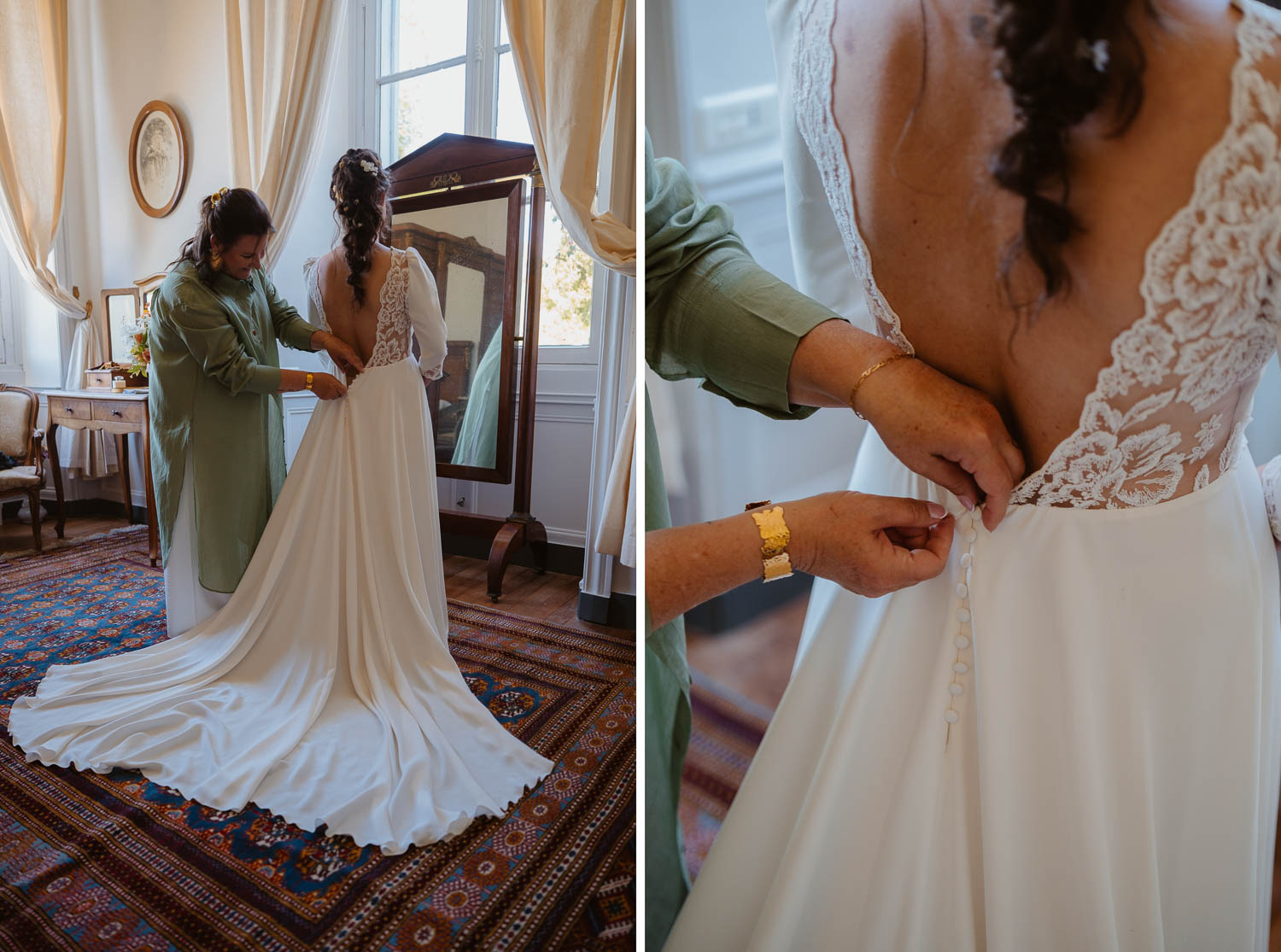 reportage photo préparatifs robe mariée — Château du Coing à Saint Fiacre sur Maine