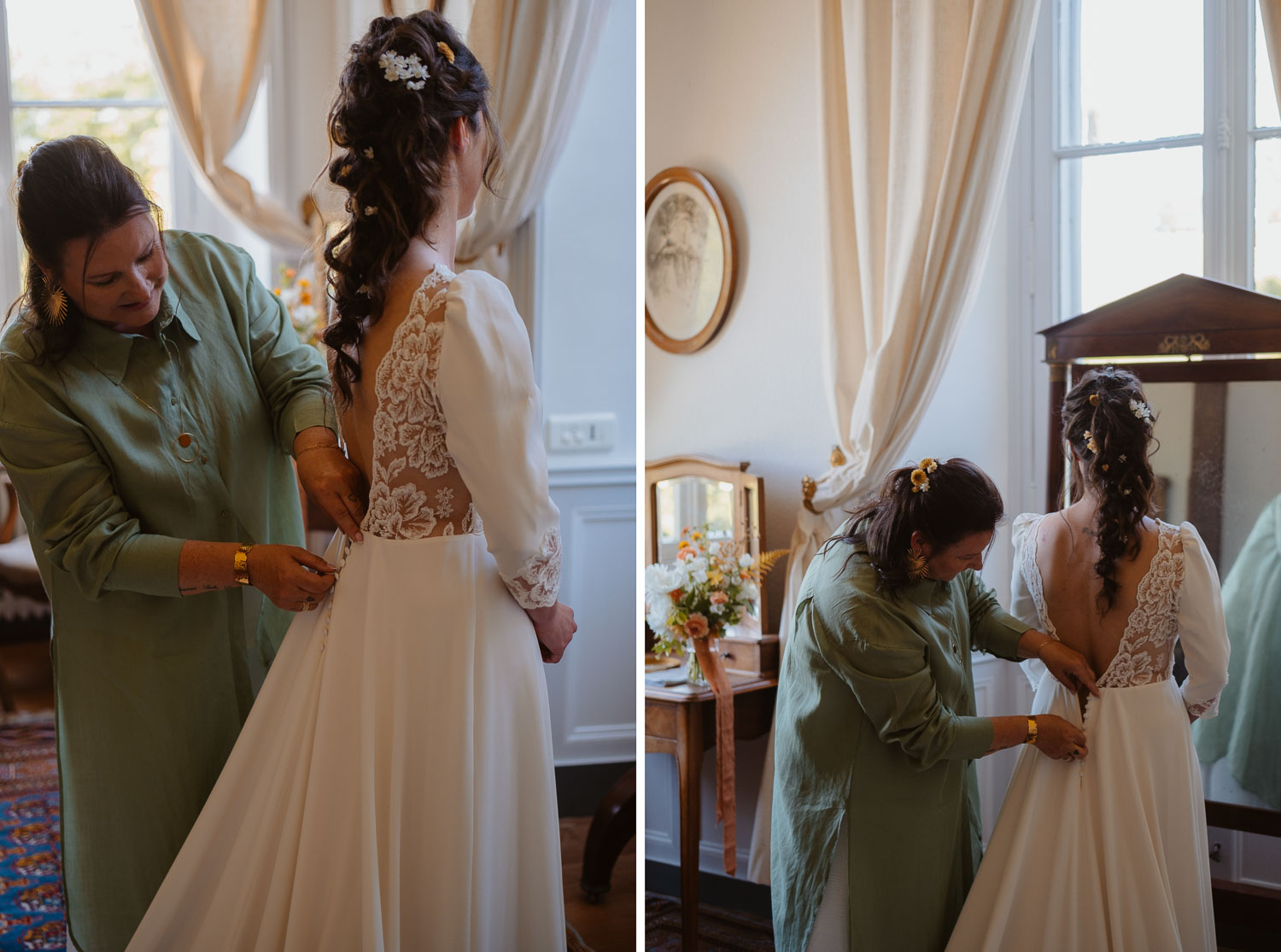 reportage photo préparatifs robe mariée — Château du Coing à Saint Fiacre sur Maine