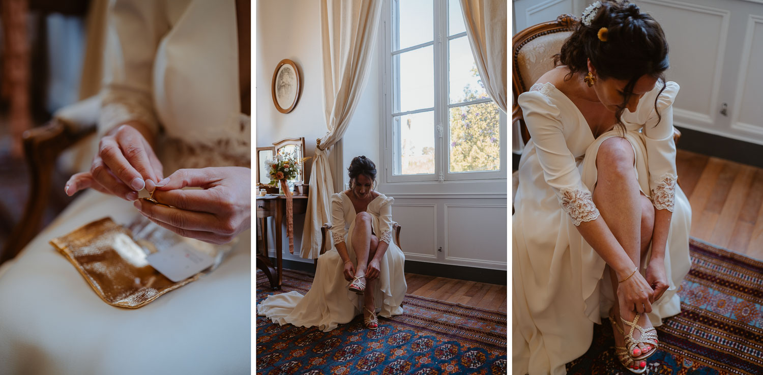 reportage photo préparatifs robe mariée — Château du Coing à Saint Fiacre sur Maine
