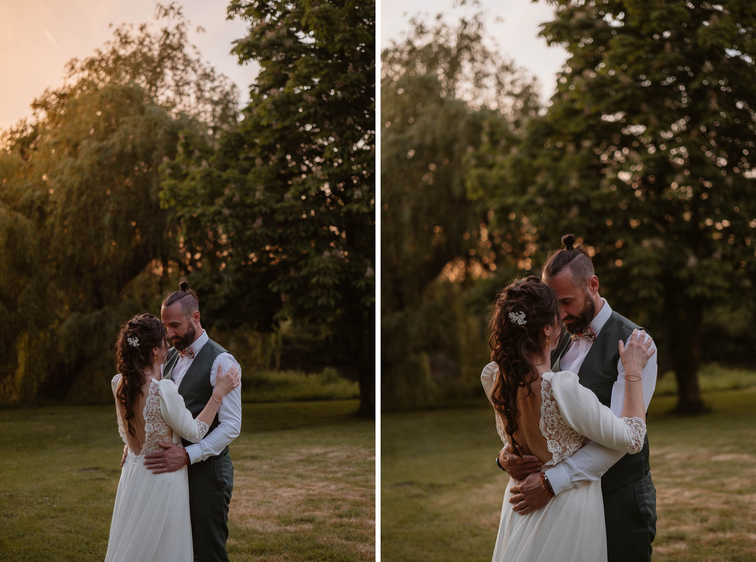 photo couple jeunes mariés lumière naturelle golden hour— Château du Coing à Saint Fiacre sur Maine