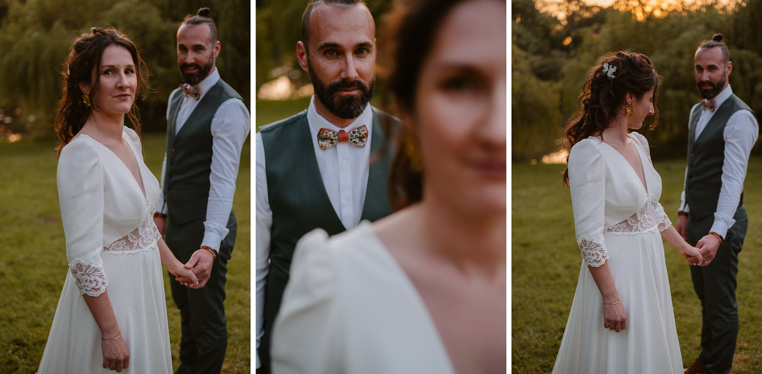 photo couple jeunes mariés lumière naturelle golden hour— Château du Coing à Saint Fiacre sur Maine