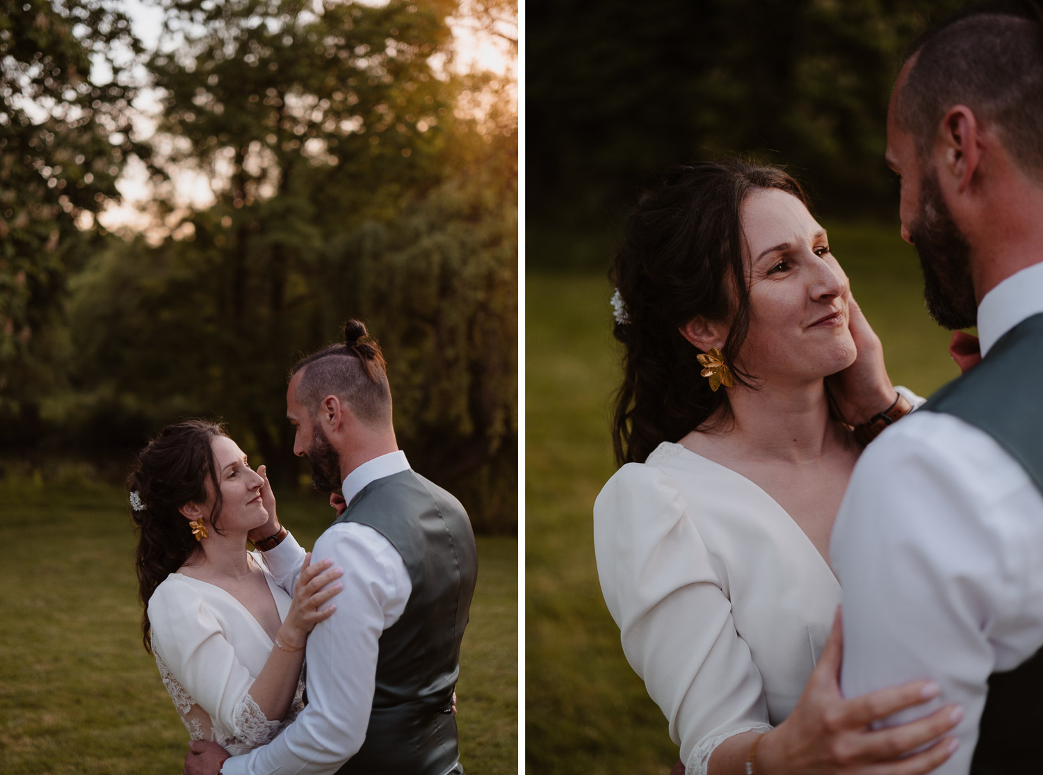 photo couple jeunes mariés lumière naturelle golden hour— Château du Coing à Saint Fiacre sur Maine