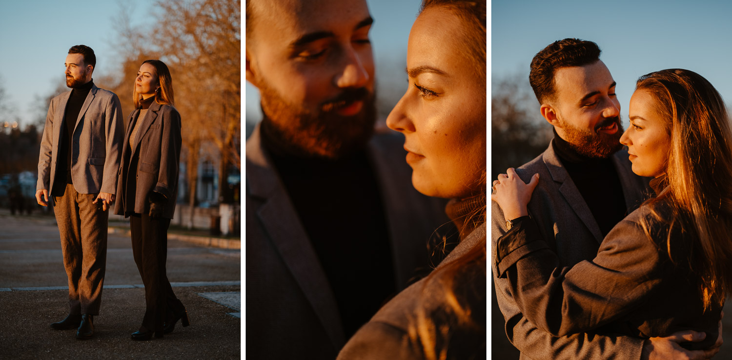 Séance photo engagement de couple save the date en hiver au coucher de soleil à Nantes (44)