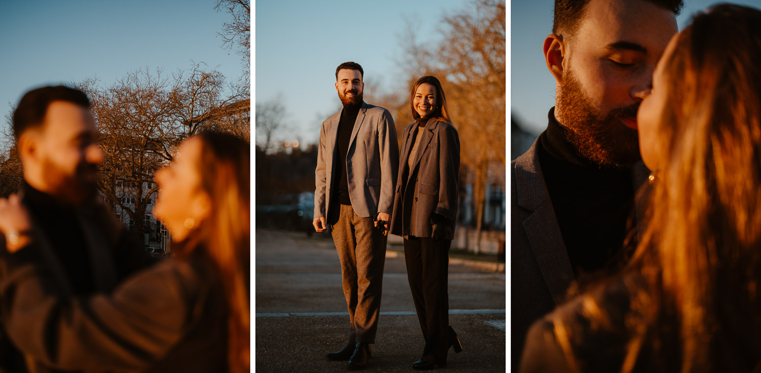 Séance photo engagement de couple save the date en hiver au coucher de soleil à Nantes (44)